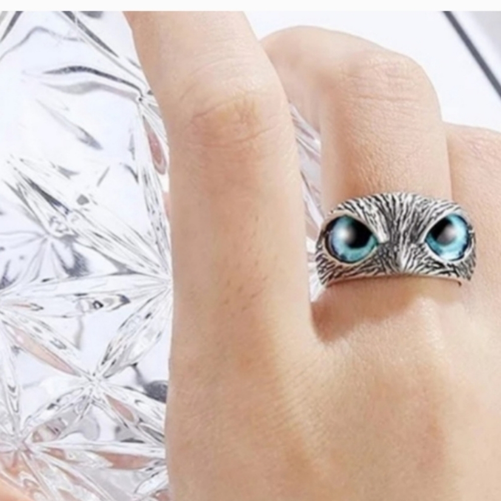Silver Owl Eye Statement Ring Blue Crystal Eyes Adjustable Statement Ring
